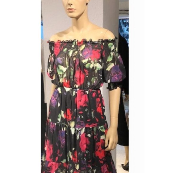 KikiRiki Off-The-Shoulder Sheer Floral Maxi Dress Black Red Size Medium NWT - Picture 3 of 4